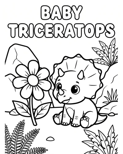 Tiny baby Triceratops with big round eyes sitting next to a large flower among ferns, cute coloring page for kids