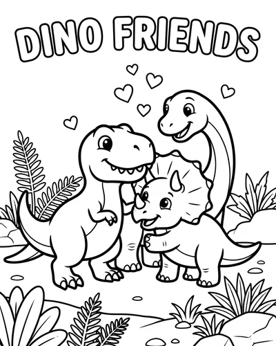 Three baby dinosaurs hugging happily with little hearts above them among plants, sweet printable coloring page