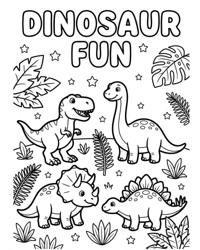 Four cute dinosaurs with the title Dinosaur Fun, stars and tropical leaves scattered around, cover coloring page