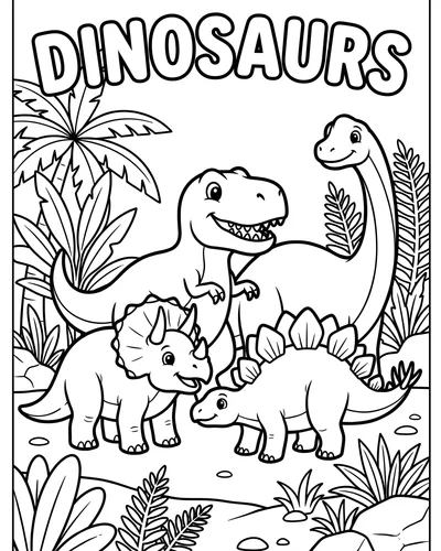 Featured dinosaur coloring pages — Four cartoon dinosaurs together — T-Rex, Brontosaurus, Triceratops and Stegosaurus — among ferns, group coloring page