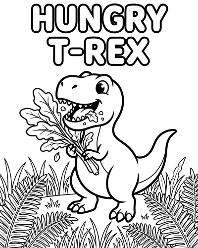 Playful T-Rex munching a big leafy plant amid tall ferns, fun dinosaur coloring page for children