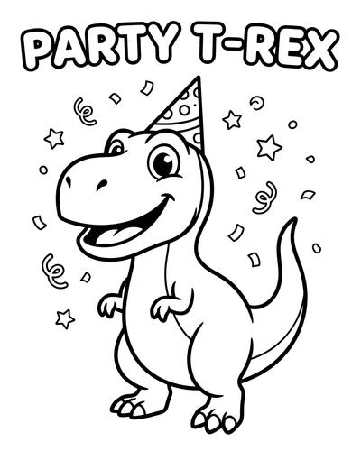 Smiling T-Rex wearing a party hat with confetti and stars around it, birthday dinosaur coloring page