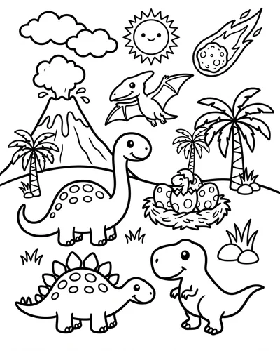 Detailed prehistoric scene with dinosaurs, volcano, palm trees, dinosaur eggs, pterodactyl and a meteor, coloring page