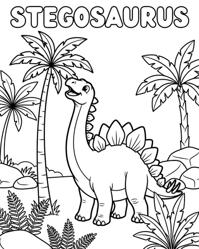 Long-necked Stegosaurus reaching up to nibble leaves from a tall palm tree, lush printable coloring page