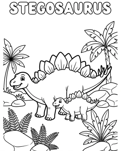 Big and small Stegosaurus standing together with palm trees and rocks behind them, family coloring page