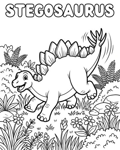 Cheerful Stegosaurus wagging its spiky tail and playing among grass and flowers, fun printable coloring page
