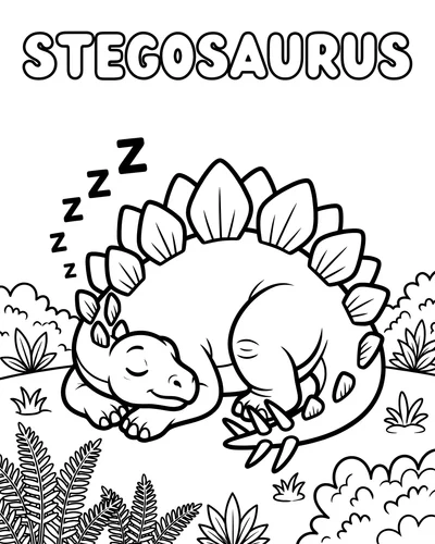 Stegosaurus sleeping peacefully curled up with closed eyes and ZZZ above, calming printable coloring page