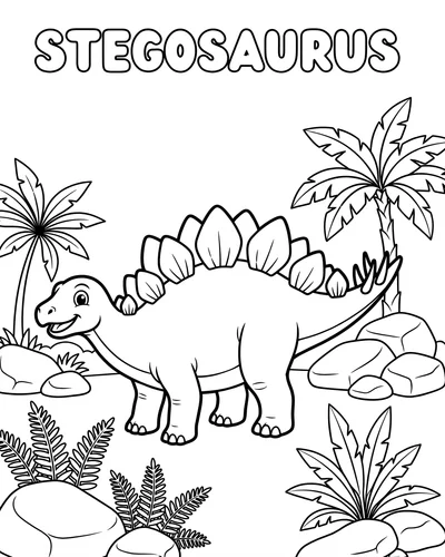 Cartoon Stegosaurus with rounded back plates standing among palm trees and rocks, free printable coloring page