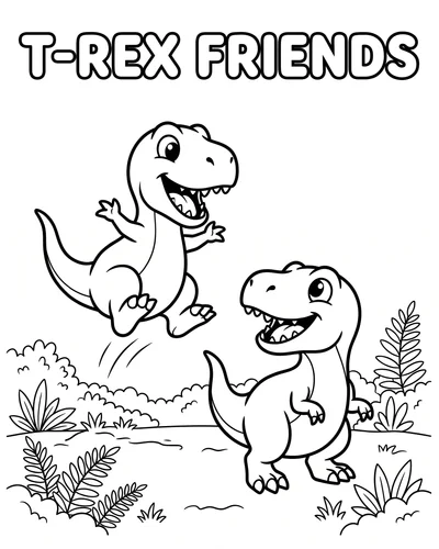 Two baby T-Rex dinosaurs playing together, one jumping happily, among plants and ferns, printable coloring page