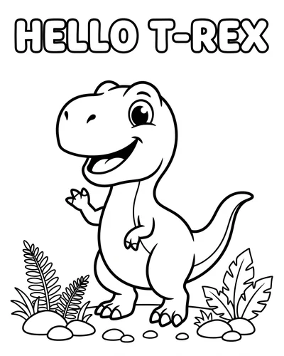 Baby T-Rex waving one tiny arm hello among ferns and pebbles, cute printable dinosaur coloring sheet for kids
