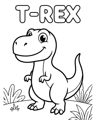 Friendly cartoon baby T-Rex standing tall with a big smile, grass and leaves below, free printable dinosaur coloring page