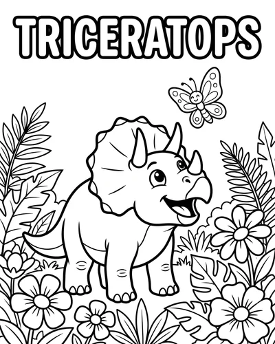 Happy Triceratops looking up at a butterfly among flowers and tropical leaves, gentle printable coloring page