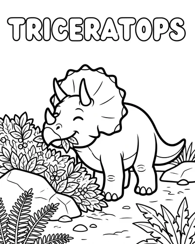 Triceratops lowering its head to munch a leafy flowering bush surrounded by ferns and rocks, coloring sheet
