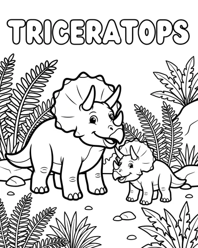 Large and small Triceratops standing together among ferns and rocks, family dinosaur coloring page for children