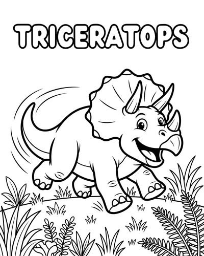 Cheerful Triceratops running with motion lines and a big open smile through grass and ferns, printable coloring page