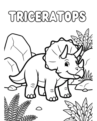 Cartoon Triceratops with three horns and neck frill standing among rocks and ferns, free printable coloring page