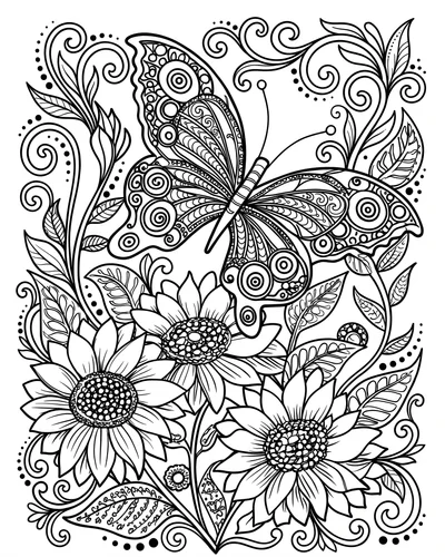 Free printable butterfly and sunflower mandala coloring page (US Letter PDF)