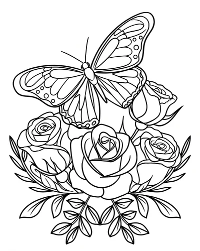 Free printable butterfly above a three-rose bouquet coloring page (US Letter PDF)
