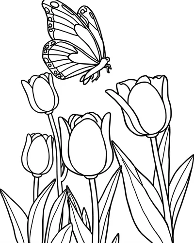 Free printable butterfly over a row of tulips coloring page (US Letter PDF)