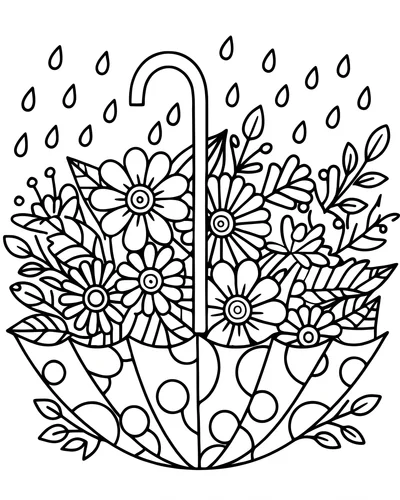 Free printable daisies in a polka-dot umbrella with rain coloring page (US Letter PDF)