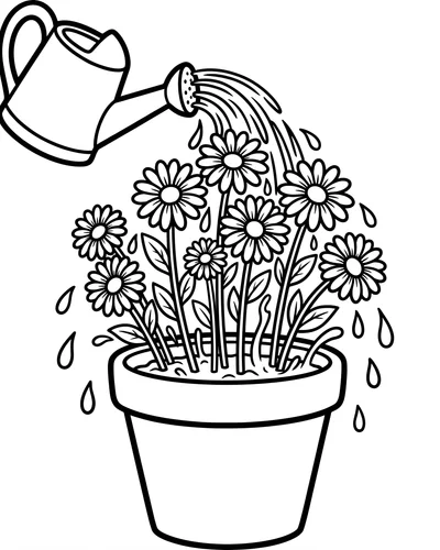 Free printable daisies in a watering can coloring page (US Letter PDF)