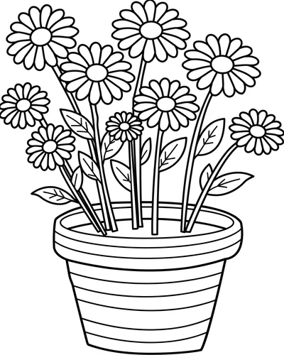 Free printable daisy bouquet in a striped pot coloring page (US Letter PDF)