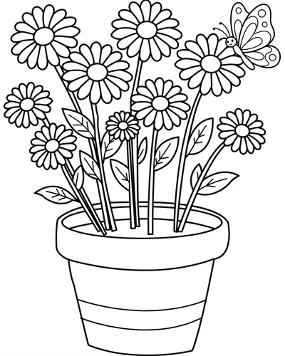 Free printable potted daisies with a butterfly coloring page (US Letter PDF)