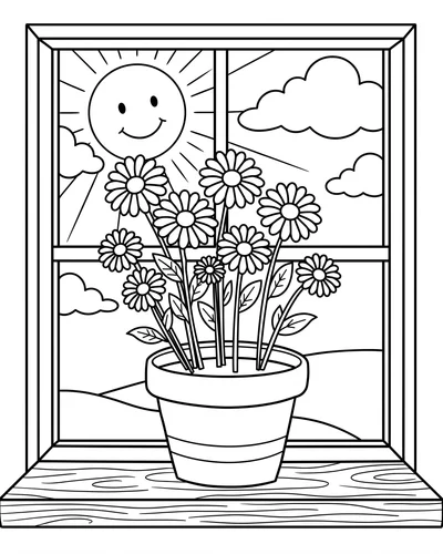 Free printable potted daisies on a windowsill in the sun coloring page (US Letter PDF)