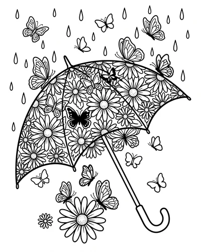 Free printable daisies and butterflies in an umbrella with rain coloring page (US Letter PDF)