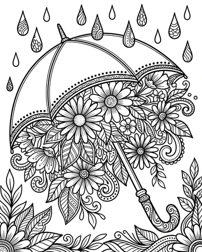 Free printable daisies in an upside-down umbrella with raindrops coloring page (US Letter PDF)