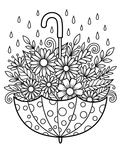 Free printable daisy umbrella with swirls and raindrops coloring page (US Letter PDF)