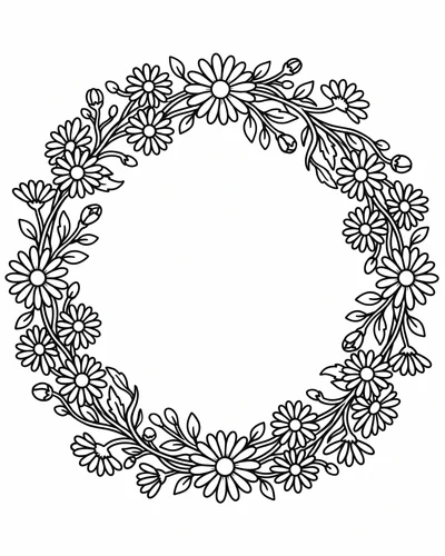 Free printable circular daisy wreath coloring page (US Letter PDF)