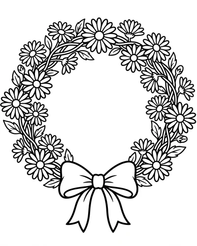 Free printable daisy wreath with a ribbon bow coloring page (US Letter PDF)