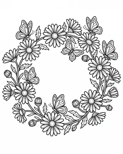 Free printable daisy wreath with butterflies coloring page (US Letter PDF)