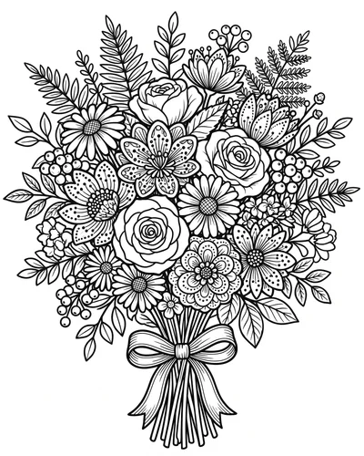 Free printable dense flower bouquet with berries and ferns coloring page (US Letter PDF)