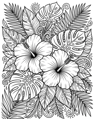 Free printable double hibiscus with paisley and monstera leaves coloring page (US Letter PDF)