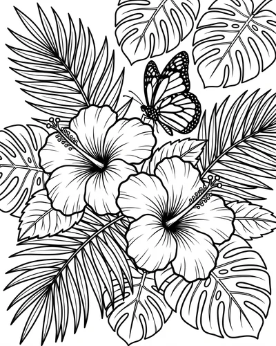 Free printable double hibiscus with palm leaves and a butterfly coloring page (US Letter PDF)