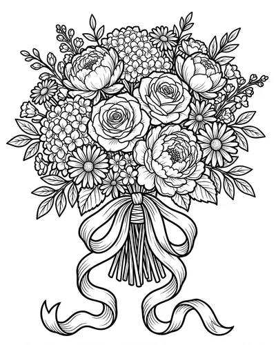 Free printable elegant flower bouquet with a trailing ribbon coloring page (US Letter PDF)