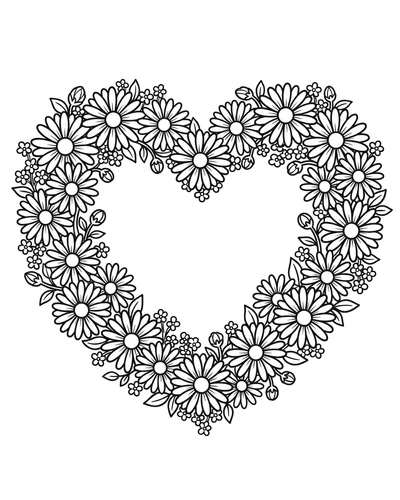 Free printable heart-shaped daisy wreath coloring page (US Letter PDF)