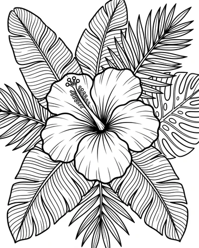 Free printable hibiscus with banana and palm leaves coloring page (US Letter PDF)
