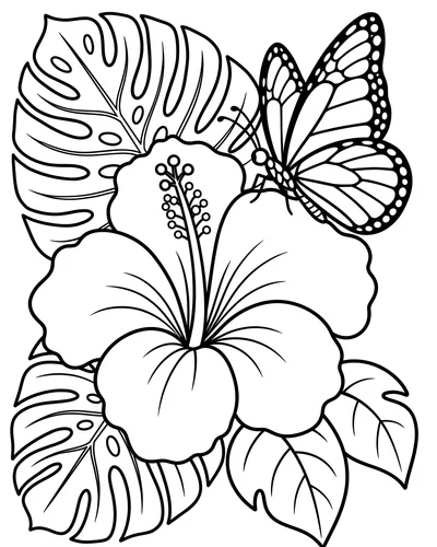 Free printable hibiscus with a butterfly and monstera leaves coloring page (US Letter PDF)