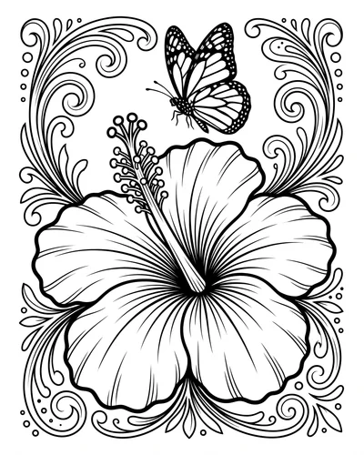 Free printable hibiscus and butterfly with a swirl border coloring page (US Letter PDF)