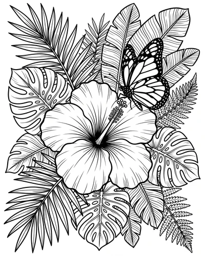 Free printable tropical hibiscus bouquet with a butterfly coloring page (US Letter PDF)
