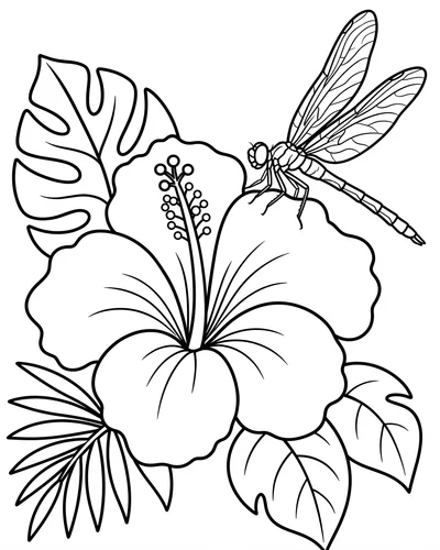 Free printable hibiscus with a dragonfly and monstera leaves coloring page (US Letter PDF)