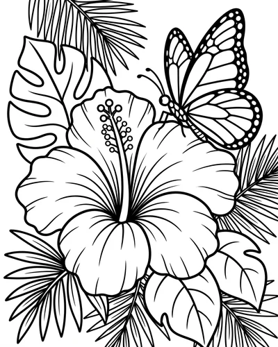 Free printable hibiscus with a monarch butterfly and tropical leaves coloring page (US Letter PDF)