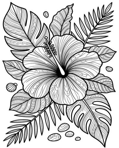 Free printable hibiscus with monstera leaves and pebbles coloring page (US Letter PDF)