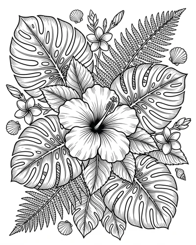 Free printable hibiscus and plumeria bouquet with seashells coloring page (US Letter PDF)