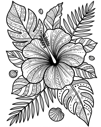 Free printable zentangle hibiscus with palm leaves coloring page (US Letter PDF)