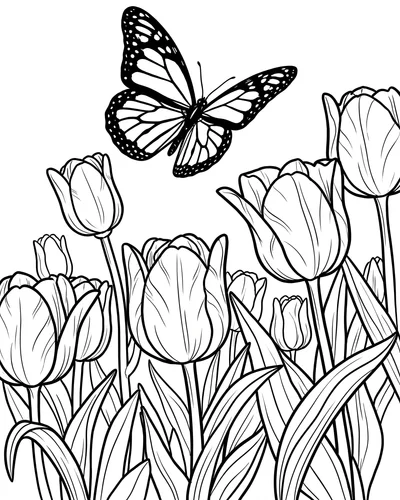 Free printable monarch butterfly over a tulip field coloring page (US Letter PDF)