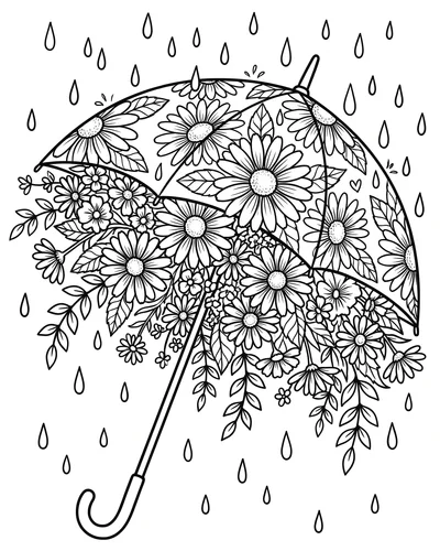 Free printable open umbrella of daisies and leaves in the rain coloring page (US Letter PDF)